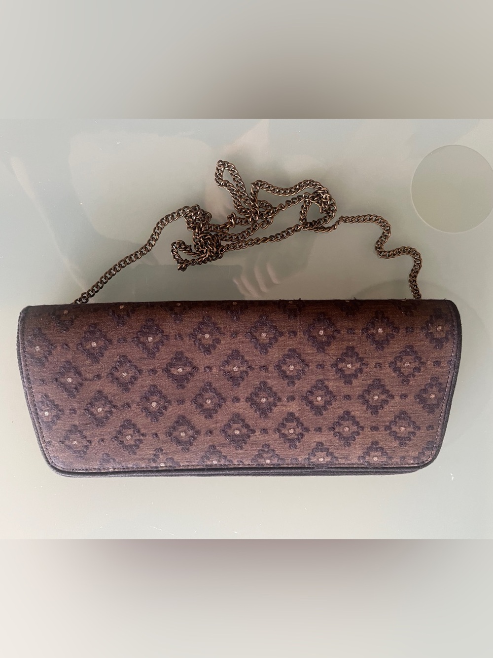 FABINDIA Clutch Purse Silk Antique Copper Brocade Double Snap Bronze Long Handle